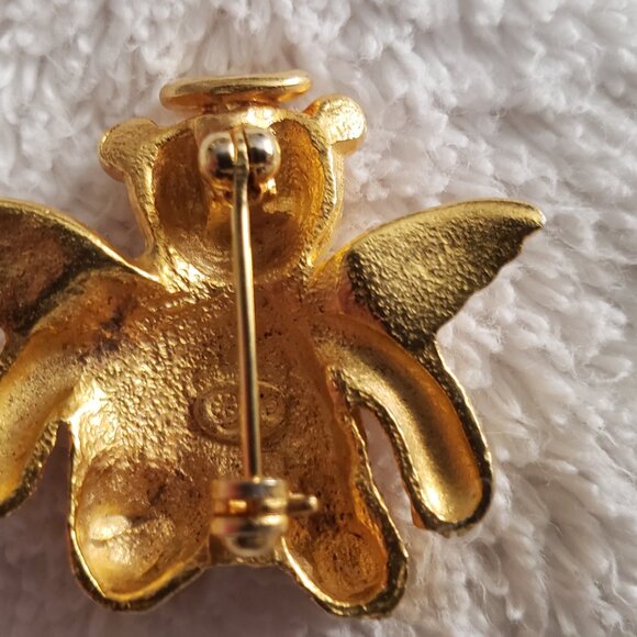 Vintage Angel Teddy Bear Pin with Halo Gemstone Eyes, Pinback, Gold - Picture 4 of 6